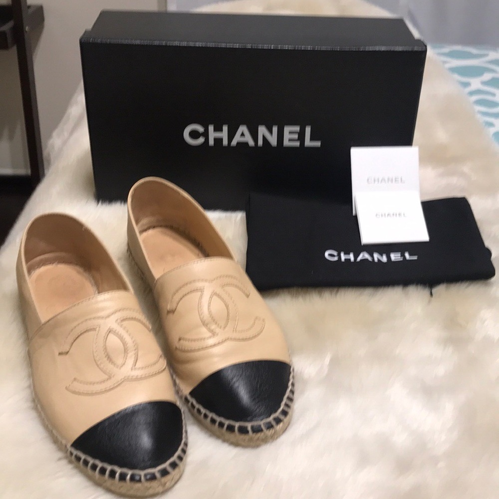 Chanel leather espadrilles black and tan size 37